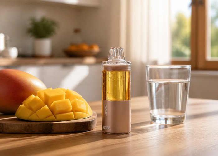 VOZOL Mega 50K Mexican Mango beside ripe mango and water on an adult kitchen table
