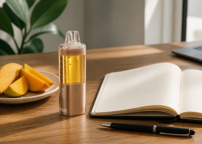 VOZOL Mega 50K Mexican Mango beside a blank tasting notebook and mango slices