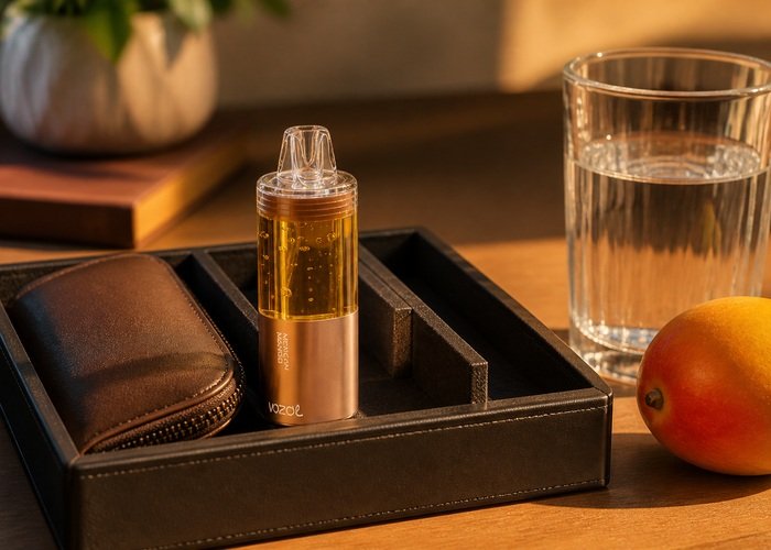 VOZOL Mega 50K Mexican Mango stored upright beside a plain pouch and water