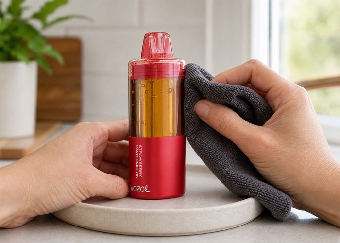 Adult wiping the exterior seam of a red VOZOL Mega 50K with a dry microfiber cloth