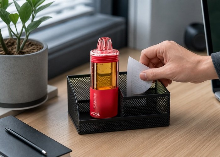 Red VOZOL Mega 50K stored upright after a persistent pod and base connection fault