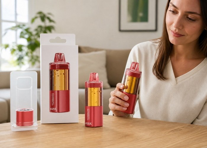 Adult comparing a red VOZOL Mega 50K pod with its package and detachable base