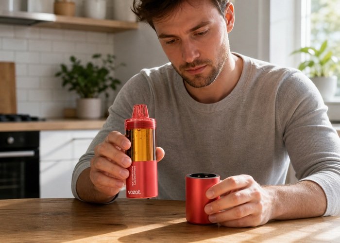 Adult checking alignment between a red VOZOL Mega 50K replacement pod and battery base