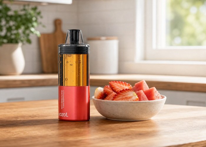 Red VOZOL Mega 50K Strawberry Watermelon beside fresh fruit on an adult kitchen table