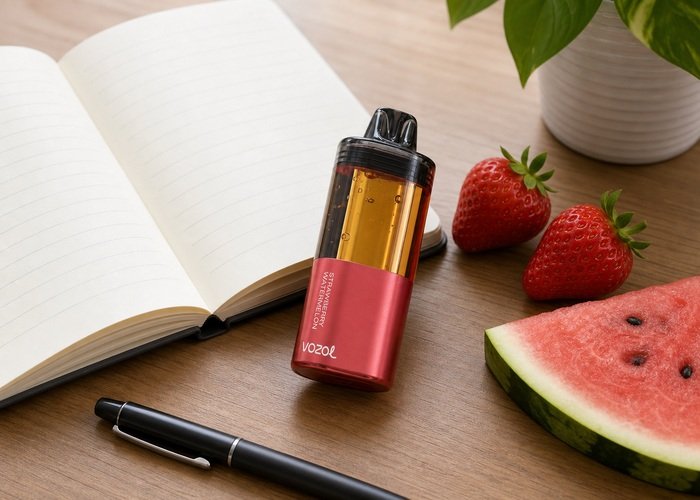 VOZOL Mega 50K Strawberry Watermelon beside a blank flavor notebook