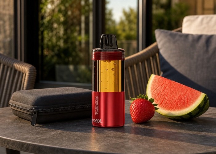 VOZOL Mega 50K Strawberry Watermelon stored upright beside a plain pouch
