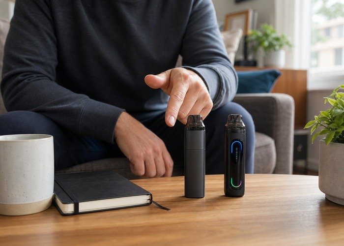 Adult comparing intact VOZOL Mega 50K and Rave 50K devices in a safe home setting