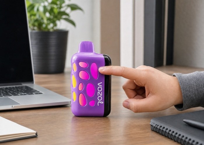 Adult checking the airflow switch on a purple VOZOL Rave 50K at a clean desk