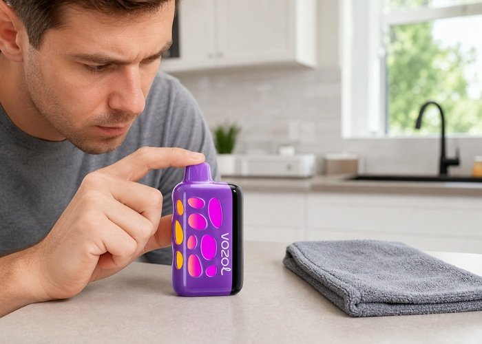 Blue VOZOL Rave 50K resting on a dry counter during an exterior airflow-opening check