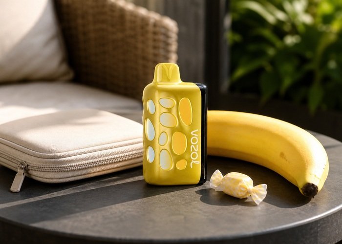 VOZOL Rave 50K Banana Taffy stored upright beside a plain pouch