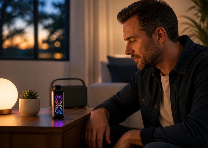 Adult safely examining an intact VOZOL Rave 50K in a practical home setting