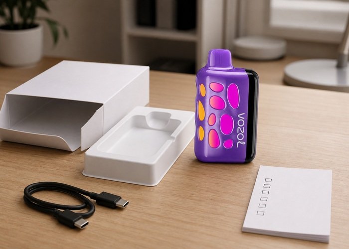 Purple VOZOL Rave 50K beside its tray and an unplugged cable on an adult desk