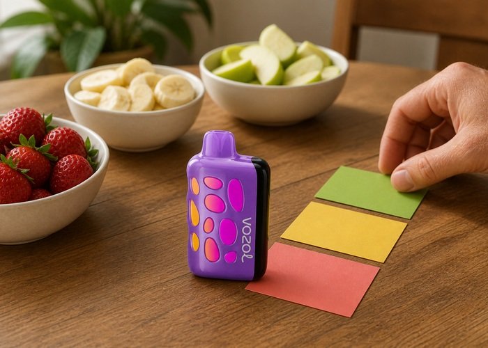 Adult comparing flavor color cards beside a red VOZOL Rave 50K