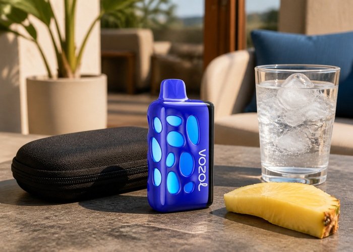 VOZOL Rave 50K Hawaiian Pineapple Paradise stored upright beside a plain pouch and ice water