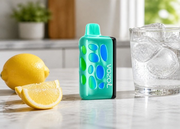 Aqua VOZOL Rave 50K Lemon Heads beside lemon wedges and ice water on an adult kitchen counter