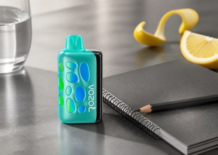 VOZOL Rave 50K Lemon Heads beside a blank tasting notebook and lemon peel