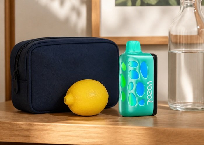 VOZOL Rave 50K Lemon Heads stored upright beside a plain pouch and water