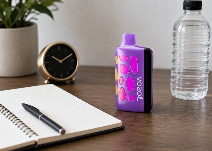 VOZOL Rave 50K beside a clock and usage notebook
