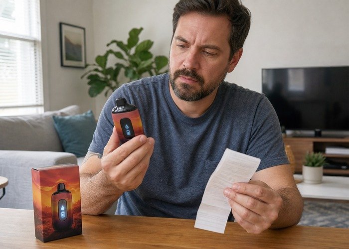 Adult inspecting a VOZOL Rave 50K exterior in a safe troubleshooting scene