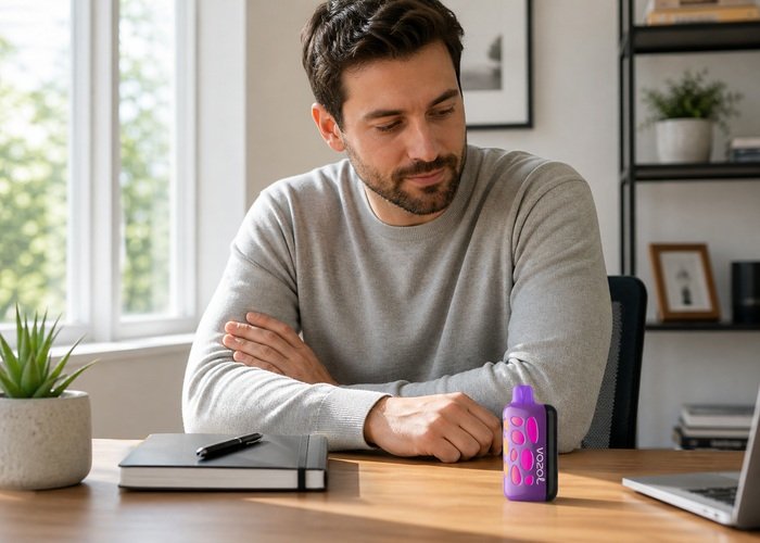 Adult observing a purple VOZOL Rave 50K with a dark display on a home office desk