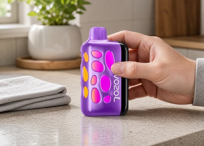 Adult checking only the exterior screen side of a purple VOZOL Rave 50K on a dry counter