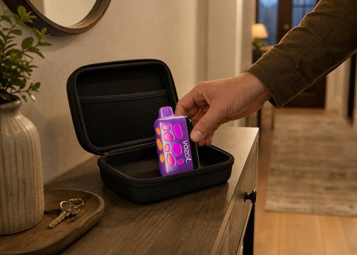 Purple VOZOL Rave 50K being placed in a rigid case after its display failed to wake