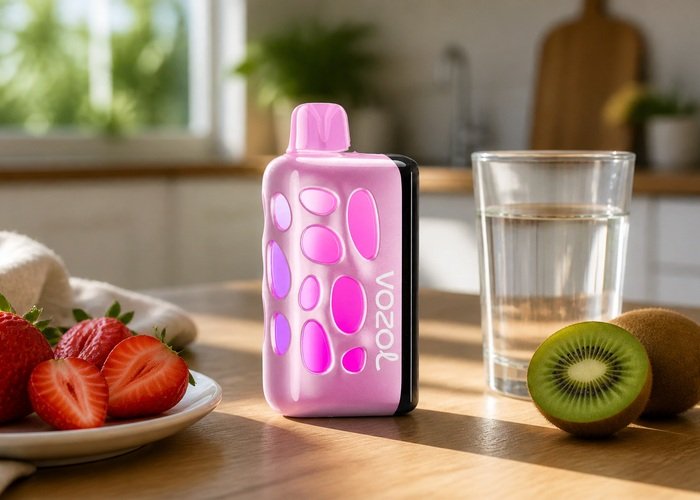 Pink VOZOL Rave 50K Strawberry Kiwi beside strawberries, kiwi and water on an adult kitchen table