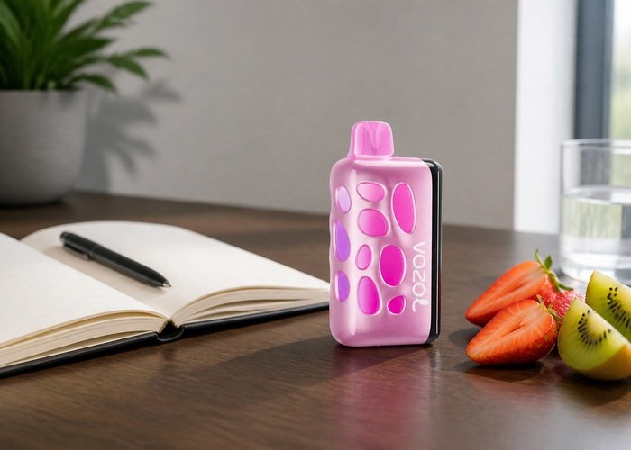 VOZOL Rave 50K Strawberry Kiwi beside a blank tasting notebook and fresh fruit
