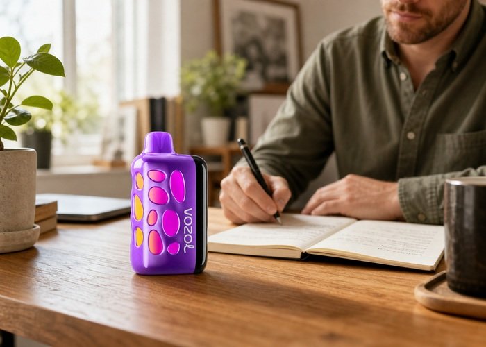 VOZOL Rave 50K on a desk while an adult records flavor observations