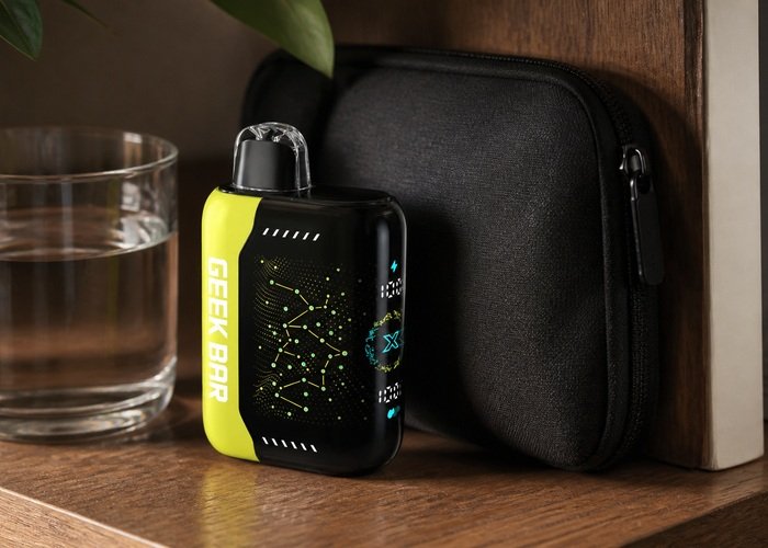 Geek Bar Pulse X Lemon Heads stored upright beside a plain pouch and water