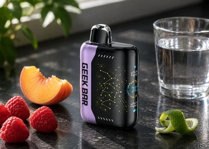 Geek Bar Pulse X Raspberry Peach Lime beside raspberries, peach and lime on an adult kitchen counter