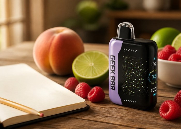 Geek Bar Pulse X Raspberry Peach Lime beside a blank tasting notebook and fruit