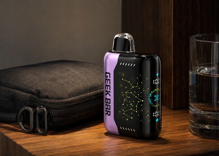 Geek Bar Pulse X Raspberry Peach Lime stored upright beside a plain pouch and water