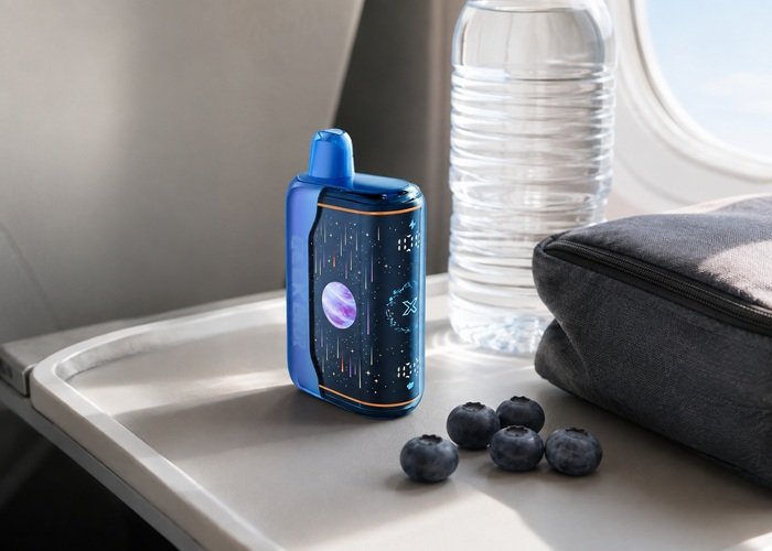 Geek Bar Pulse X22 Blueberry Jam stored upright beside a plain pouch and water