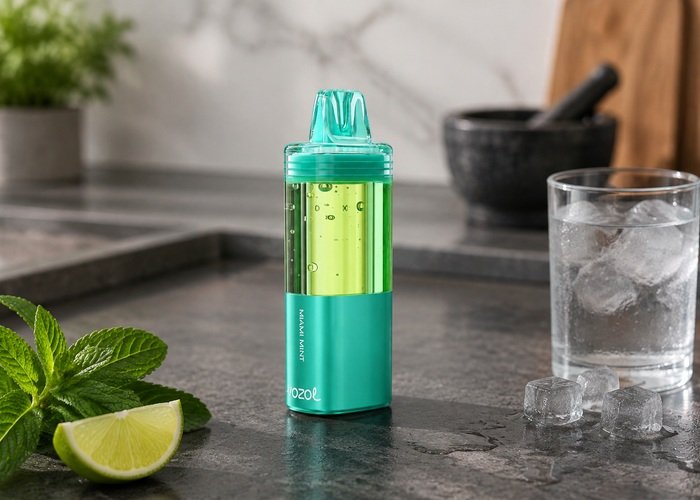 VOZOL Mega 50K Miami Mint beside mint, lime and ice water on an adult kitchen counter