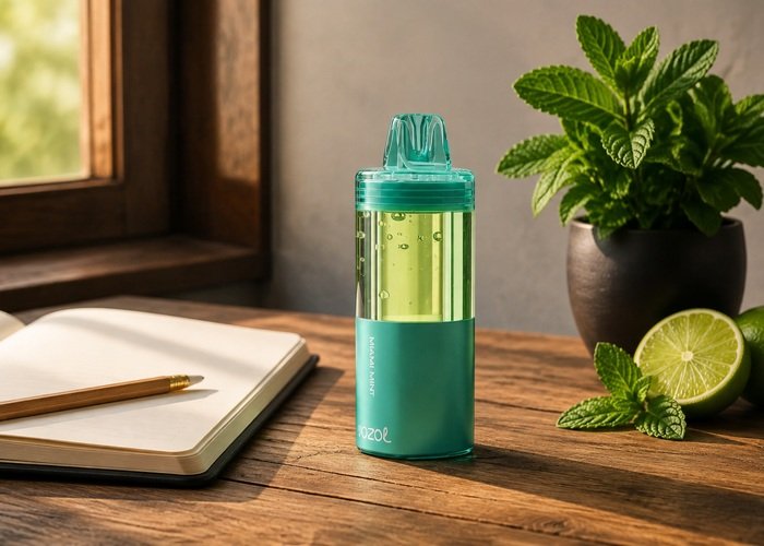 VOZOL Mega 50K Miami Mint beside a blank tasting notebook with mint and lime