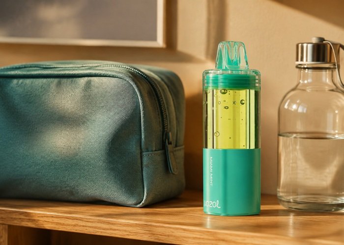 VOZOL Mega 50K Miami Mint stored upright beside a plain pouch and water