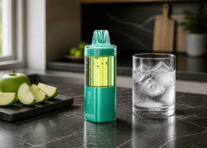 Green VOZOL Mega 50K Sour Apple Ice beside green apple slices and ice water on an adult kitchen table
