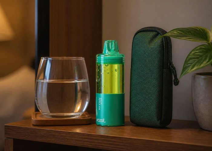 VOZOL Mega 50K Sour Apple Ice stored upright beside a plain pouch and water