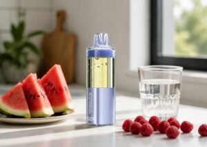 VOZOL Mega 50K Watermelon Razz Rancher beside watermelon, raspberries and water on an adult kitchen counter