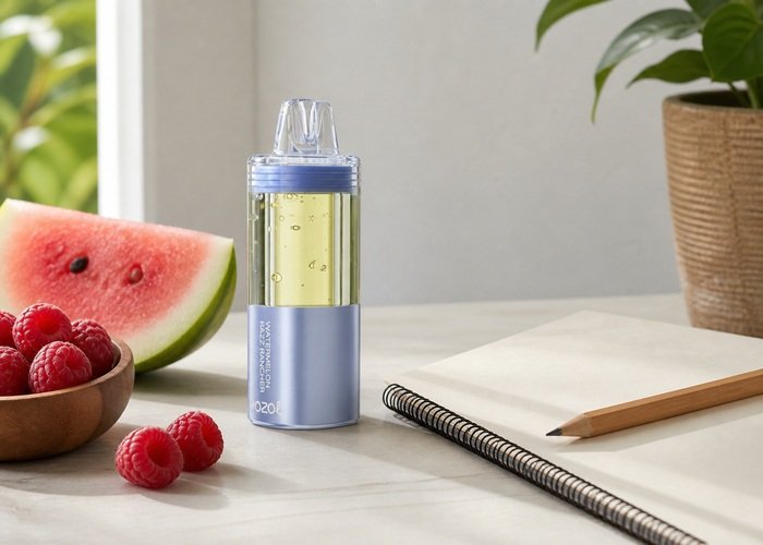 VOZOL Mega 50K Watermelon Razz Rancher beside a blank tasting notebook with watermelon and raspberries