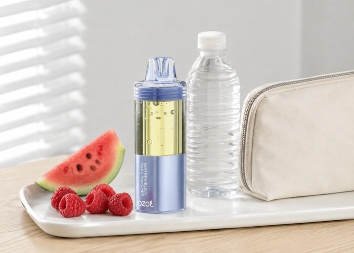 VOZOL Mega 50K Watermelon Razz Rancher stored upright beside a plain pouch and water