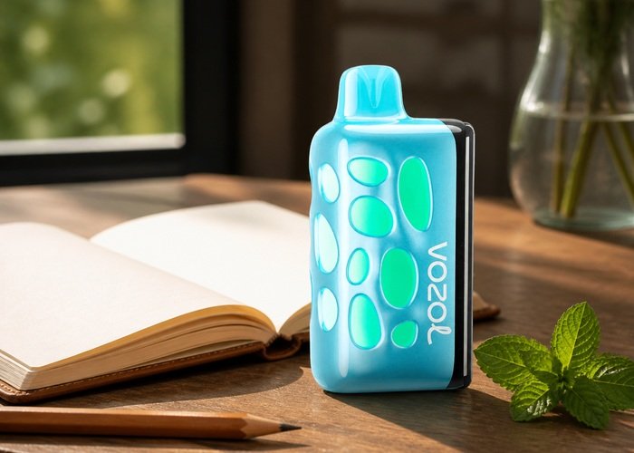 VOZOL Rave 50K Blue Mint beside a blank tasting notebook and fresh mint