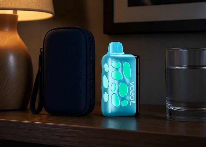 VOZOL Rave 50K Blue Mint stored upright beside a plain pouch and water