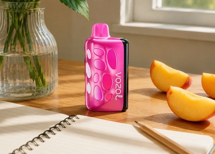 VOZOL Rave 50K Peach Ice beside a blank tasting notebook and peach wedges