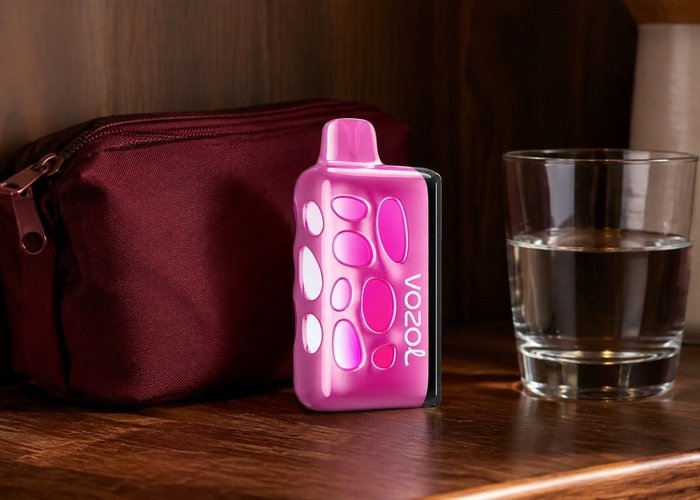 VOZOL Rave 50K Peach Ice stored upright beside a plain pouch and water