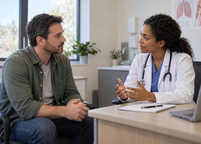 Adult patient discussing health questions with a clinician