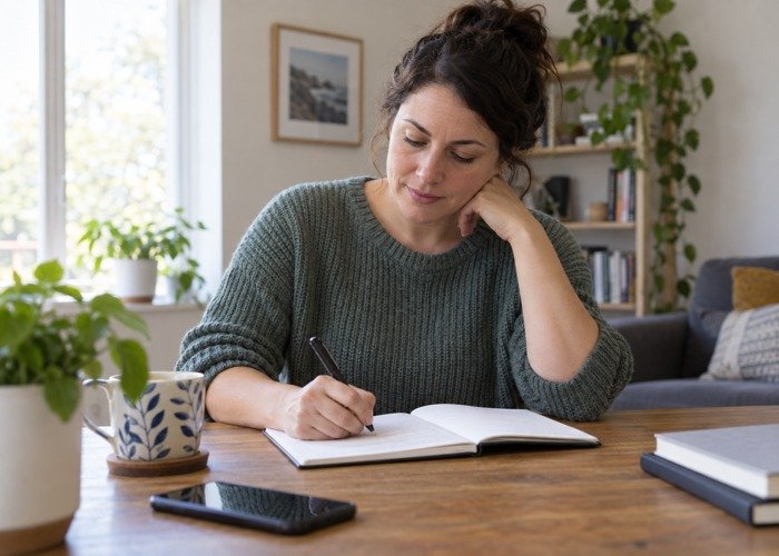 Adult recording a personal history at a desk