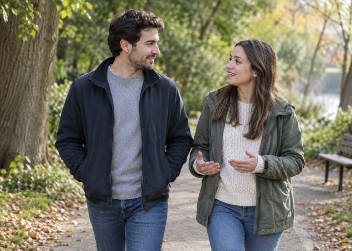 Two adults walking together in supportive conversation