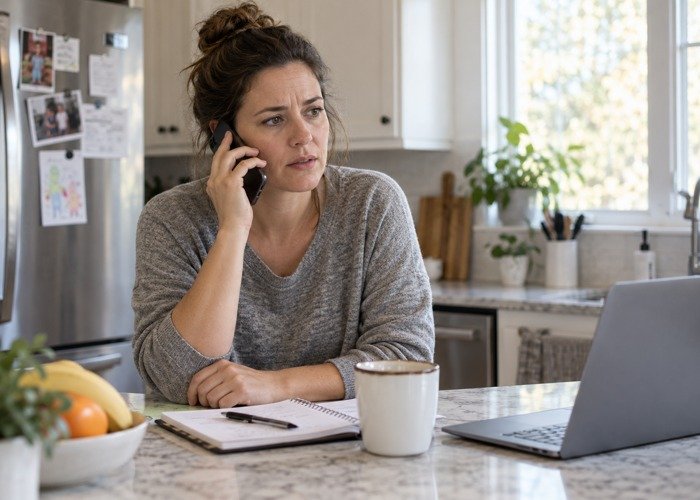 Adult caregiver making a phone call at a kitchen counter